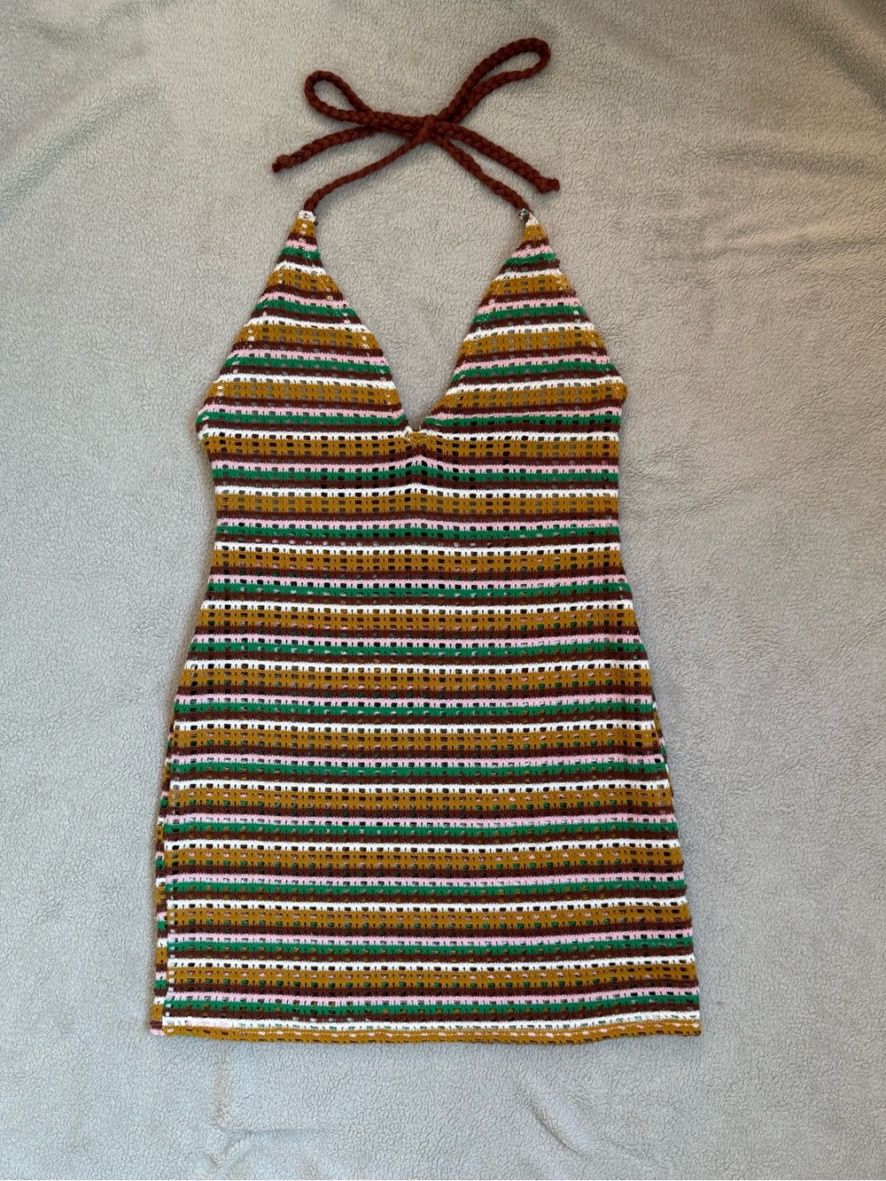 wild fable Striped Halter Knit Mini Dress in Brown, Cream, Green & Pink